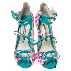 Pre Owned Sophia Webster Pink/Multicolor Nylon And Leather Heart Print Sandals Size 37.5
