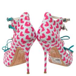 Pre Owned Sophia Webster Pink/Multicolor Nylon And Leather Heart Print Sandals Size 37.5