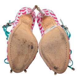 Pre Owned Sophia Webster Pink/Multicolor Nylon And Leather Heart Print Sandals Size 37.5