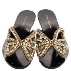 Pre Owned Sophia Webster Black Leather And PVC Madame Butterfly Flat Slide Size 36.5