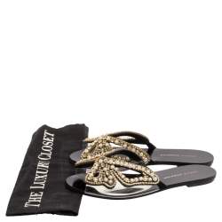 Pre Owned Sophia Webster Black Leather And PVC Madame Butterfly Flat Slide Size 36.5