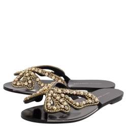 Pre Owned Sophia Webster Black Leather And PVC Madame Butterfly Flat Slide Size 36.5