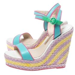 Sophia Webster Multicolor Leather Lucita Raffia Wedge Platform Ankle Strap Sandals Size 38