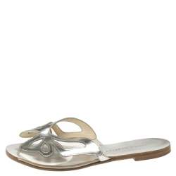 Pre Owned Sophia Webster Silver Leather And PVC Madame Butterfly Flat Slides Size 35.5