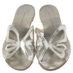 Pre Owned Sophia Webster Silver Leather And PVC Madame Butterfly Flat Slides Size 35.5