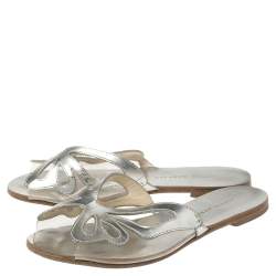 Pre Owned Sophia Webster Silver Leather And PVC Madame Butterfly Flat Slides Size 35.5