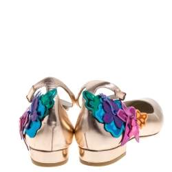 Sophia Webster Metallic Bronze Leather Floral-Applique Ankle-Strap Ballet Flats Size 38 