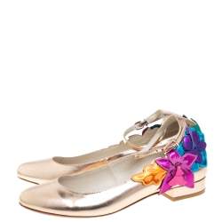 Sophia Webster Metallic Bronze Leather Floral-Applique Ankle-Strap Ballet Flats Size 38 