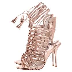 Pre Owned Sophia Webster Metallic Rose Gold Leather Peep Toe Cage Sandals Size 36