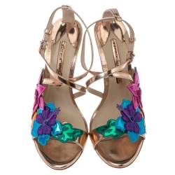 Pre Owned Sophia Webster Rose Gold Foil Leather Hula Floral Embellished Crisscross Sandals Size 38