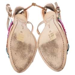 Pre Owned Sophia Webster Rose Gold Foil Leather Hula Floral Embellished Crisscross Sandals Size 38