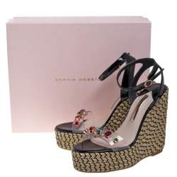 Sophia Webster Black Patent Leather and PVC Dina Crystal Studded Wedge Espadrille Platform Sandals Size 38