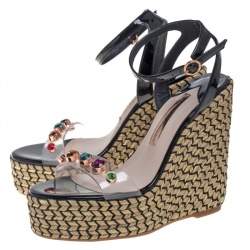 Sophia Webster Black Patent Leather and PVC Dina Crystal Studded Wedge Espadrille Platform Sandals Size 38