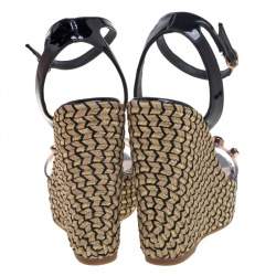 Sophia Webster Black Patent Leather and PVC Dina Crystal Studded Wedge Espadrille Platform Sandals Size 38