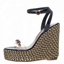 Sophia Webster Black Patent Leather and PVC Dina Crystal Studded Wedge Espadrille Platform Sandals Size 38