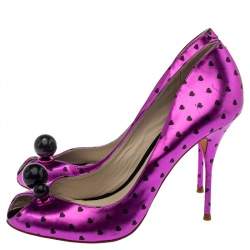 Pre Owned Sophia Webster Metallic Purple Heart Print Leather Loren Peep Toe Pumps Size 41