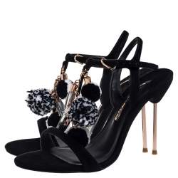Sophia Webster Black Suede Layla Pom Pom Embellished T-Strap Sandals Size 40