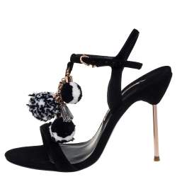 Sophia Webster Black Suede Layla Pom Pom Embellished T-Strap Sandals Size 40