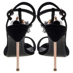 Sophia Webster Black Suede Layla Pom Pom Embellished T-Strap Sandals Size 40