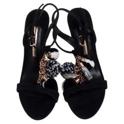 Sophia Webster Black Suede Layla Pom Pom Embellished T-Strap Sandals Size 40