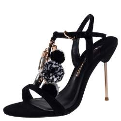 Sophia Webster Black Suede Layla Pom Pom Embellished T-Strap Sandals Size 40