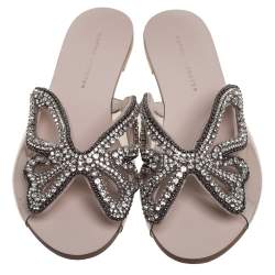 Sophia Webster Beige Butterfly Crystal Embellished Suede and PVC Madame Flat Sandals Size 36