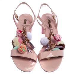 Pre Owned Sophia Webster Pink Patent Leather Juno Pom Pom Embellished Ankle Strap Sandals Size 41
