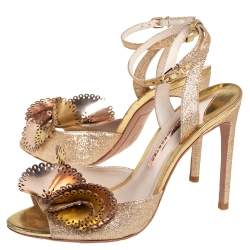 Sophia Webster Metallic Gold Leather and Shimmery Fabric Ankle Strap Sandals Size 39