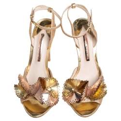 Sophia Webster Metallic Gold Leather and Shimmery Fabric Ankle Strap Sandals Size 39