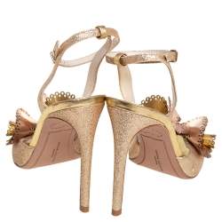 Sophia Webster Metallic Gold Leather and Shimmery Fabric Ankle Strap Sandals Size 39