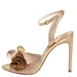 Sophia Webster Metallic Gold Leather and Shimmery Fabric Ankle Strap Sandals Size 39