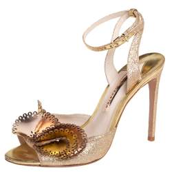 Sophia Webster Metallic Gold Leather and Shimmery Fabric Ankle Strap Sandals Size 39