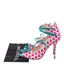 Pre Owned Sophia Webster Pink/Blue Heart Print Canvas And Patent Leather Sandals Size 38.5