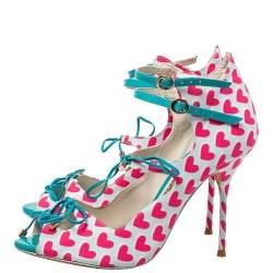 Pre Owned Sophia Webster Pink/Blue Heart Print Canvas And Patent Leather Sandals Size 38.5