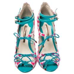 Pre Owned Sophia Webster Pink/Blue Heart Print Canvas And Patent Leather Sandals Size 38.5