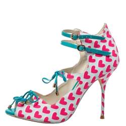 Pre Owned Sophia Webster Pink/Blue Heart Print Canvas And Patent Leather Sandals Size 38.5