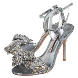 Pre Owned Sophia Webster Silver Leather Crystal Embellished Slingback Sandals Size 36.5