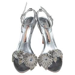 Pre Owned Sophia Webster Silver Leather Crystal Embellished Slingback Sandals Size 36.5