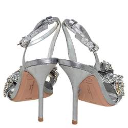 Pre Owned Sophia Webster Silver Leather Crystal Embellished Slingback Sandals Size 36.5