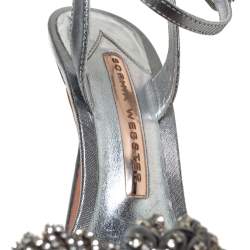 Pre Owned Sophia Webster Silver Leather Crystal Embellished Slingback Sandals Size 36.5