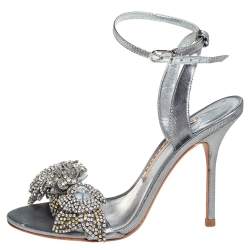 Pre Owned Sophia Webster Silver Leather Crystal Embellished Slingback Sandals Size 36.5
