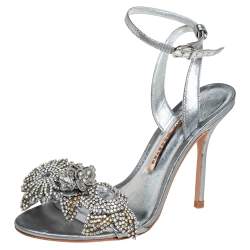 Pre Owned Sophia Webster Silver Leather Crystal Embellished Slingback Sandals Size 36.5