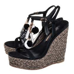 Pre Owned Sophia Webster Black Suede Pom Pom Lucita Espadrille Wedge Size 41