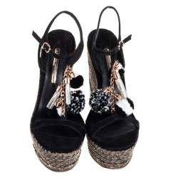 Pre Owned Sophia Webster Black Suede Pom Pom Lucita Espadrille Wedge Size 41