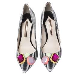 Pre Owned Sophia Webster Black/White Stripe Leather Lola Gem Pointed Toe Pumps Size 40