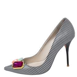 Pre Owned Sophia Webster Black/White Stripe Leather Lola Gem Pointed Toe Pumps Size 40