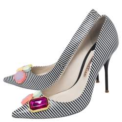 Pre Owned Sophia Webster Black/White Stripe Leather Lola Gem Pointed Toe Pumps Size 40