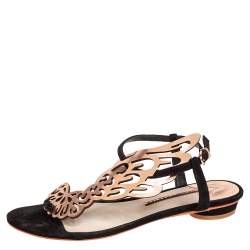 Pre Owned Sophia Webster Gold/Black Patent Leather And Suede Bibi Butterfly Flat Sandals Size 38