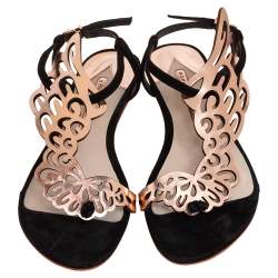 Pre Owned Sophia Webster Gold/Black Patent Leather And Suede Bibi Butterfly Flat Sandals Size 38