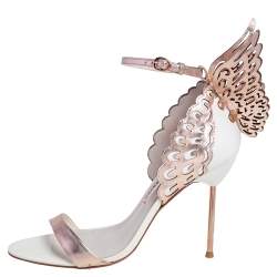 Pre Owned صندل صوفيا ويبستر ايفانغيلين جلد أبيض/ ذهبي وردي قصات ليزر أجنحة ملاك سير كاحل مقاس 40.5